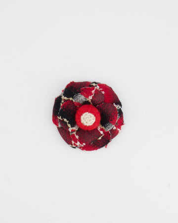 Top Quality Chanel Red Camelia Wool Brooch with Black and White Embroidered Details