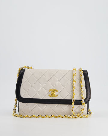 Top Quality Chanel   White, Black Trim Matelasse Cross-Body Bag in Lambskin Leather with 24K Gold Hardware