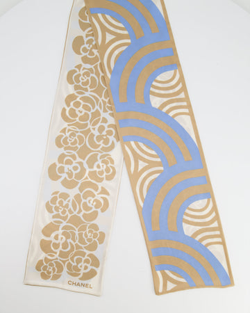 Top Quality Chanel Gold, Cream and Blue Silk Camelia Printed Scarf