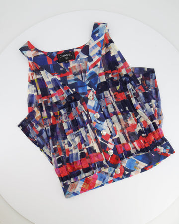 Top Quality Chanel Multicolour Printed Silk Sleeveless Top with Silver CC Buttons Size FR 36 (UK 8)