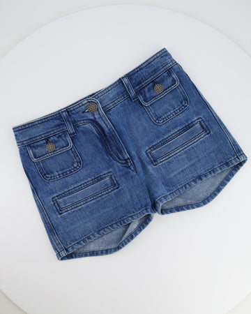Top Quality Chanel Blue Denim Mini Shorts with CC Logo Buttons Size FR 34 (UK 6)