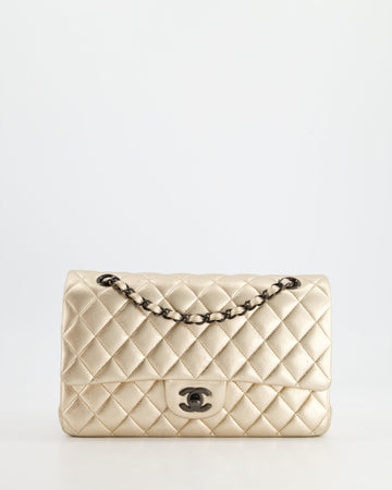 *SUPER RARE* Top Quality Chanel Metallic Gold Medium Classic Double Flap Bag in Lambskin Leather with Black Hardware