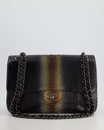 Top Quality Chanel Black and Brown Python Leather Jumbo Classic Double Flap Bag with Gunmetal Hardware