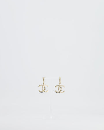 Top Quality Chanel Champagne Gold CC Logo Pendant Earrings, Black and White Enamel