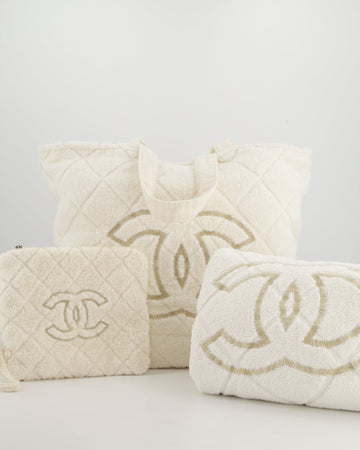 *HOT* Top Quality Chanel Ivory Terry Beach Set with CC Tote Bag, Towel and Small Pouch