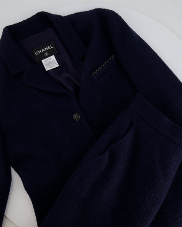 Top Quality Chanel 08A Navy Tweed Jacket and Midi Skirt Set with Silver CC Logo Details Size FR 42 (UK 14)