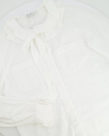 Top Quality Chanel White Ruffle Shirt with Tie-Neck and Red, Blue CC Logo Button Details Size FR 34 (UK 6)