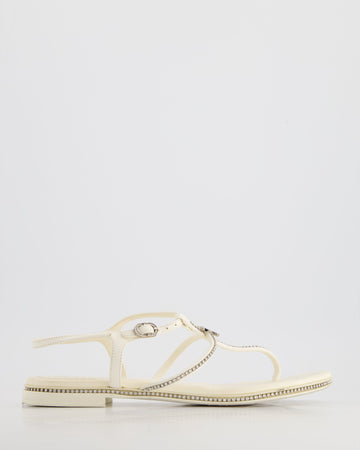 Top Quality Chanel White Leather Flat Sandals with Crystal Trim and CC Logo Size EU 40