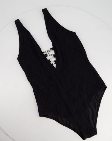 Top Quality Chanel Black Geometric Cut-Out Onepiece Swimsuit with Pearl CC Logo Detail FR 38 (UK 10)