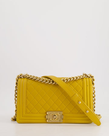 Top Quality Chanel Mustard Yellow Medium Boy Bag in Calfskin Leather with Antique Gold Hardware