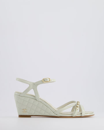 Top Quality Chanel Light Grey Quilted CC Logo Ankle Strap Wedges in Patent Leather Size EU 39.5
