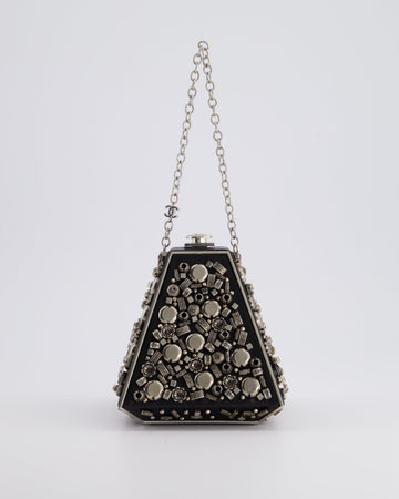 *RARE* Top Quality Chanel 2012 Pre-Fall Paris-Bombay Collection Black Leather & Silver Hardware Detail Pyramid Evening Bag