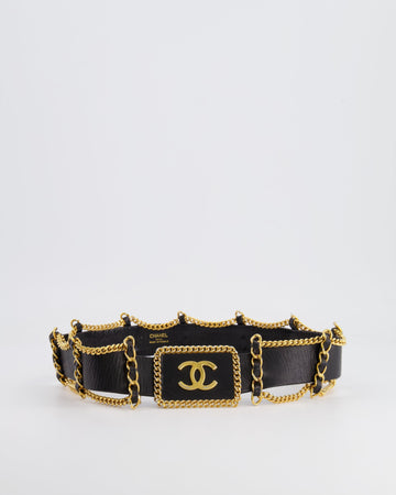 *HOT* Top Quality Chanel   Black Leather Belt with Gold Chain and CC Logo Size 75