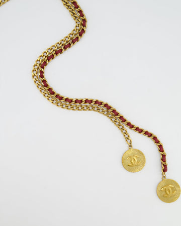 Top Quality Chanel   Burgundy Leather Belt with Gold Chain and CC Medallion Gold Details