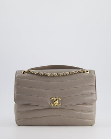 Top Quality Chanel Light Grey Chevron Miroir Flap Bag in Distressed Calfskin Leather with Champagne Gold Hardware