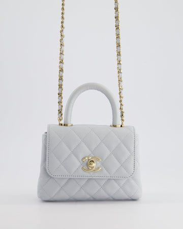 Top Quality Chanel Pale Blue Extra Mini Coco Top Handle Bag in Caviar Leather with Champagne Gold Hardware