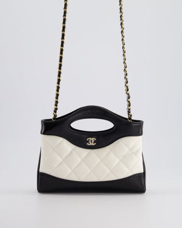 Top Quality Chanel Mini 31 Clutch Bag with Chain in Black and White Shiny Calfskin Leather with Champagne Gold Hardware