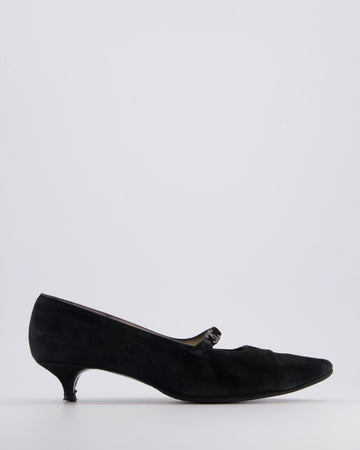 Top Quality Chanel   Black Suede Mary Jane Pointed Heels with Crystal CC Logo Detail Size EU 38