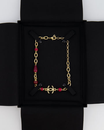 *HOT* Top Quality Chanel Gold Necklace with Burgundy Stone Details and CC Logo