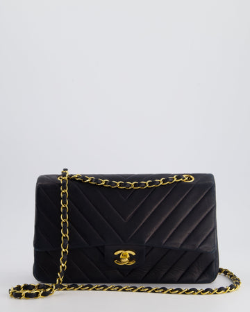 Top Quality Chanel Navy   Classic Medium Chevron Double Flap Bag in Lambskin Leather with 24K Gold Hardware