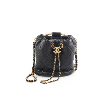 Top Quality Chanel Pearl Top Handle Bucket Bag Lambskin Black
