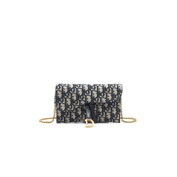 Top quality Dior Saddle Wallet with Chain Blue Oblique Jacquard