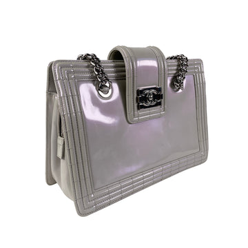 Gray Top Quality Chanel Iridescent Patent Boy Reverso Shopping Tote