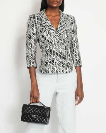 Top Quality Chanel Black & White Checked Tweed Backless Jacket with Silver Screen Print and Pearl Belt at the Back Size FR 34 (UK 4)