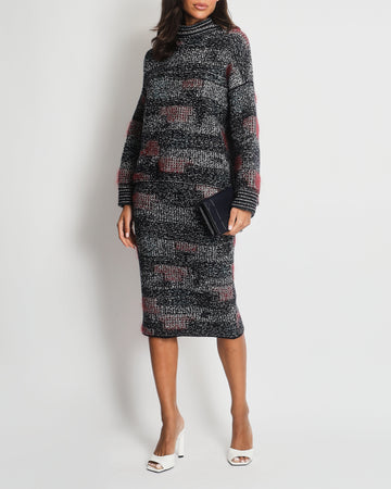 Top Quality Chanel Navy and Red Cashmere Knitted High-neck Jumper and Midi Skirt Set Size FR 38 (UK 10)