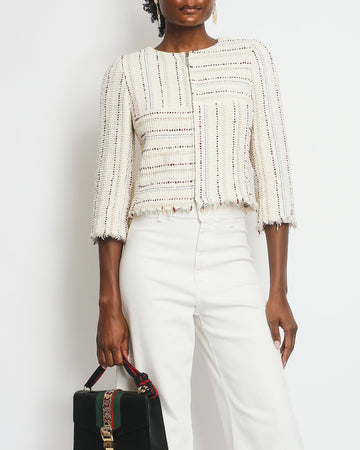 Top Quality Chanel Cream, Blue and Red Tweed Zip Jacket with Cropped Sleeves Size FR 36 (UK 8)