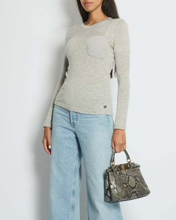 Top Quality Chanel Grey Round Neck Long Sleeve Top with Quilted Pocket Detail FR 34 (UK 6)