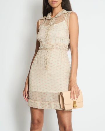 Top Quality Chanel Beige Printed Sheer Shirt Dress with Pearl CC Buttons Size FR 38 ( UK 10)