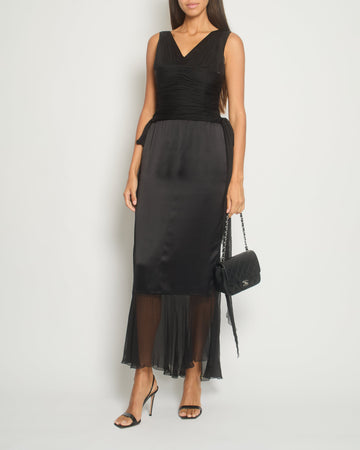 Top Quality Chanel Black 06A V-Neck Silk and Chiffon Maxi Dres with Ruching Size FR 38 (UK 10)