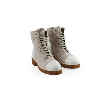 Top Quality Chanel Combat Lace up Boots Grey/White Size 40