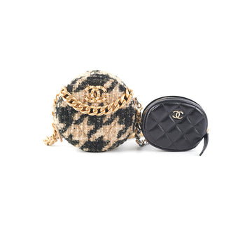 Top Quality Chanel 19 Houndstooth Tweed Round Clutch Beige
