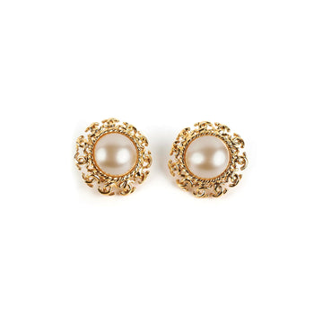 Top Quality Chanel Clip On Gold Peal Large Earrings Costume Jewellery