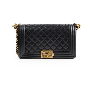 Top Quality Chanel Old Medium Boy Shiny Calfskin Black - Series 17