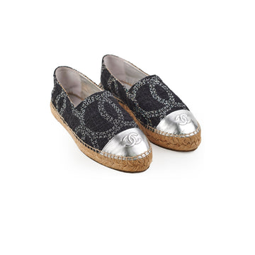 Top Quality Chanel Tweed Espadrilles Black/Silver Size 36