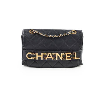 Top Quality Chanel Logo Enchained Quilted Calfskin Medium Black Flap Bag
