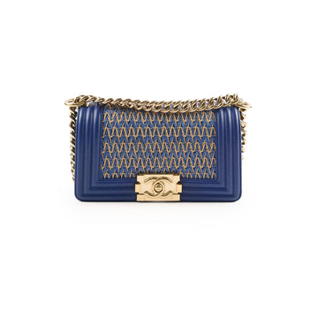 Top Quality Chanel Small Boy Navy Raffia Crossbody Bag