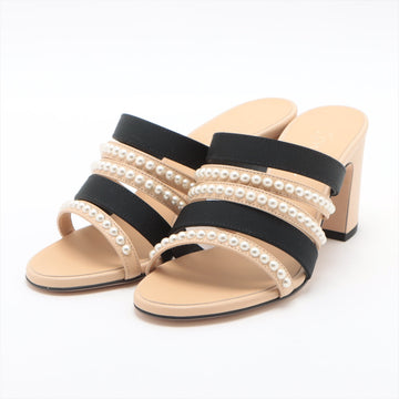 Top Quality Chanel Coco Leather X Fabric Sandal 35C  Beige X Black G35381 Pearl Mould Sandal  Bag