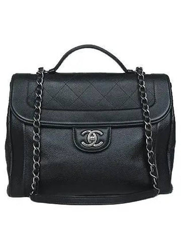 silver black leather quilting satchel 2WAY Chanel