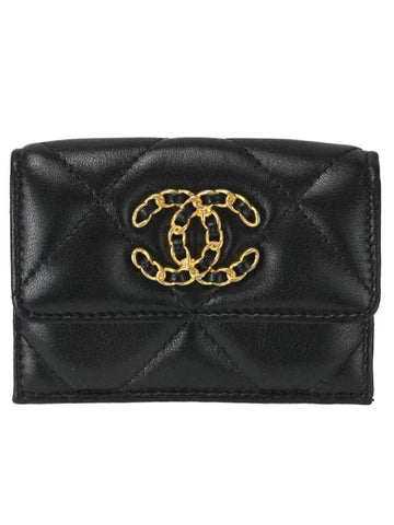 Nineteen Gold CC Logo Lambskin Half Wallet Black Chanel