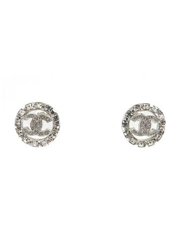 CC Logo Round Crystal Earrings Silver Chanel