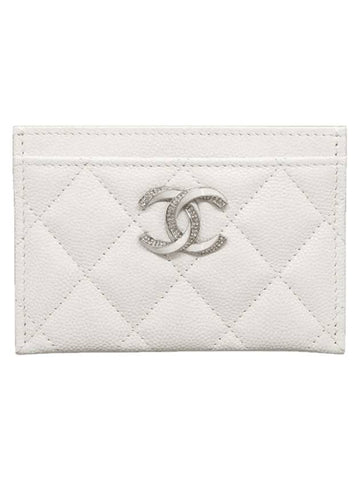 CC Logo Shiny Grained Calfskin Card Wallet White Chanel
