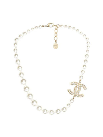 Necklace Metal Glass Pearls Resin & Gold Pearly White Crystal Chanel