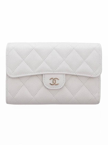 Classic Gold CC Logo Flap Caviar Medium Wallet White Chanel