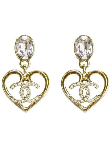 CC Logo Crystal Heart Drop Earrings Gold Chanel