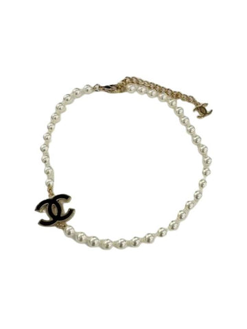 CC Logo Pearl Choker Necklace Black White Gold Chanel