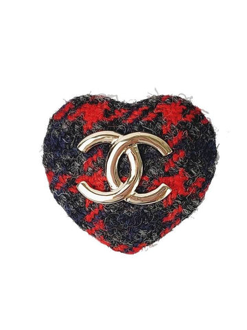 CC Logo Heart Check Tweed Brooch Red Chanel